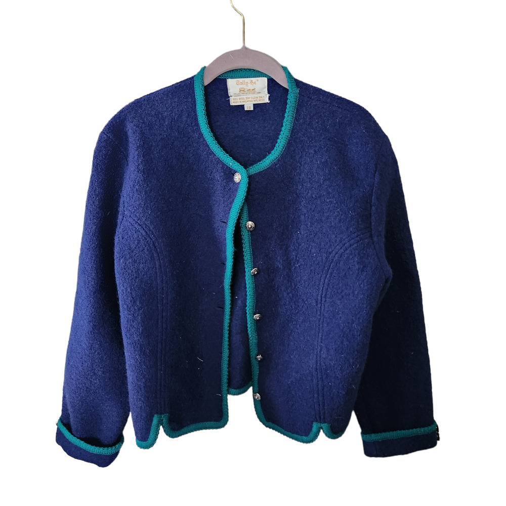 Vintage Tally Ho Royal Blue green gold boiled wool sweater coat cardigan women